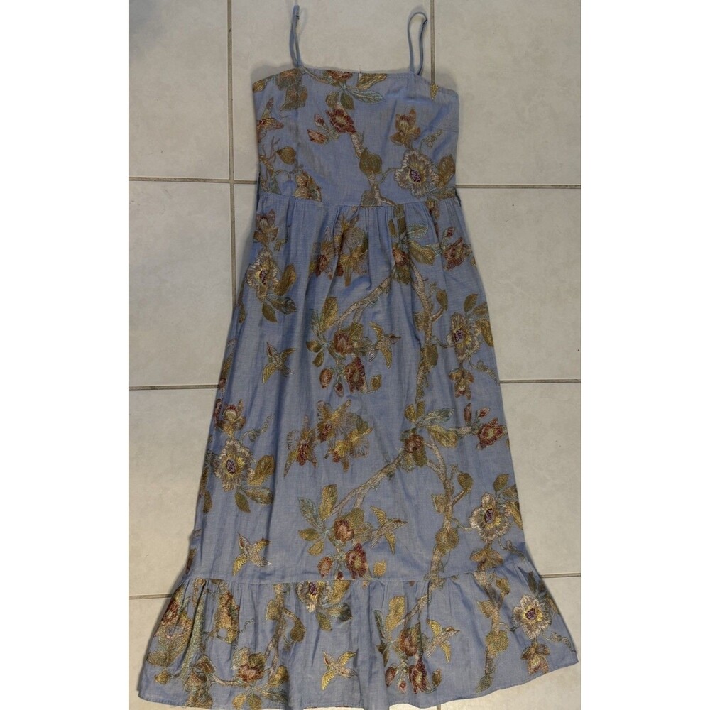 Rose And Rose Blue Embroidered Floral Midi Dress‎ Small Tie Waist Cottagecore